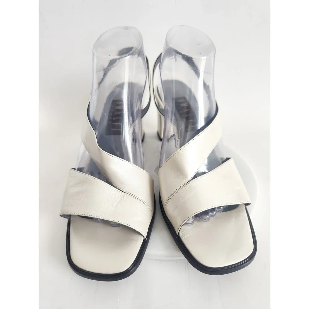 Amalfi Sandals 10 90s Slingback‎ Cream Leather Square Toe Block Heel Italy Vtg